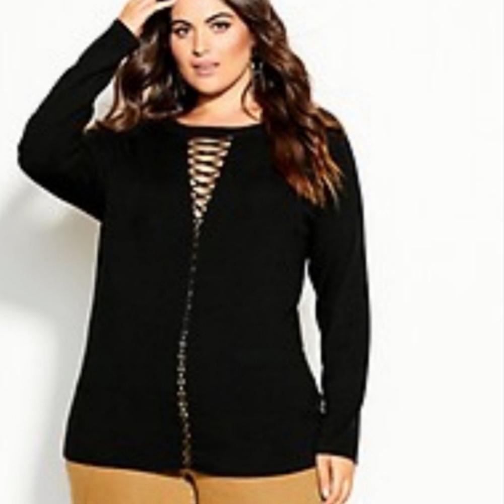 City Chic Sweater Black Criss Cross Long Sleeves Knit Sz 16 (S) NWT